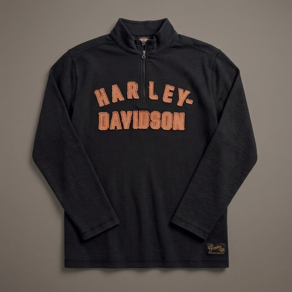 Harley-Davidson Men Thermal Shirt Large Black Half Zip Waffle Knit Distressed